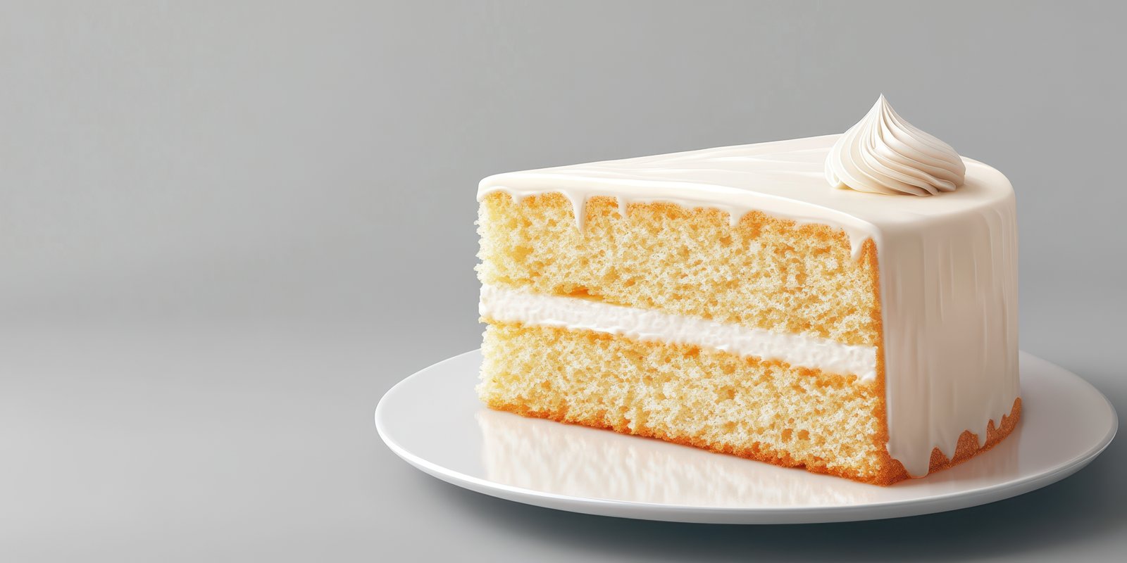 Slice of vanilla cake with cream frosting on a white plate in a minimalist setting